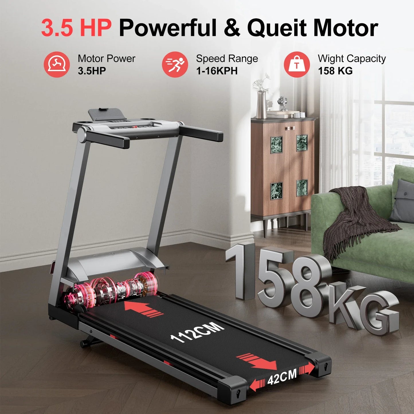 3.5HP Foldable Incline Home Treadmill Walking Pad with Handlebar 350 lb (158 kg) Capacity Touchscreen Smart App Monitoring
