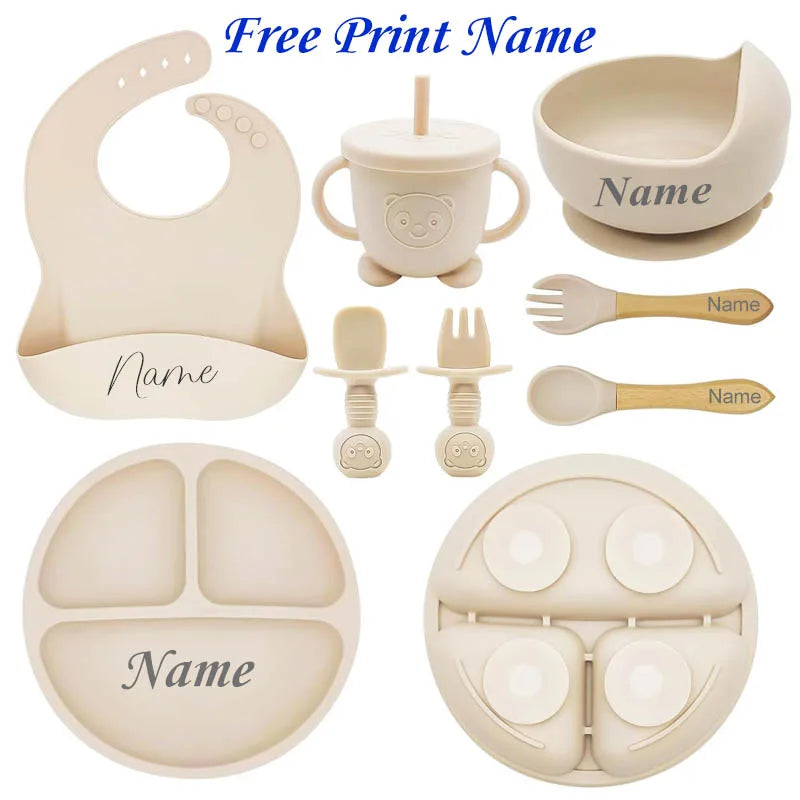 Personalized 8-Piece Baby Feeding Set Silicone Suction Plate Bowl Straw Cup Utensils Custom Name Baby Gift