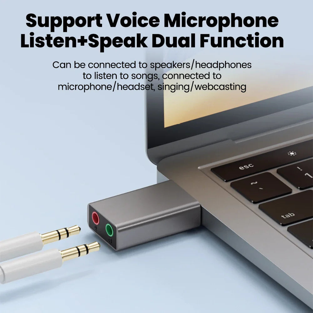 USB to 3.5mm External Sound Card Adapter — Stereo USB Audio to Headphone & Microphone Jack for PC, Laptop, PS4