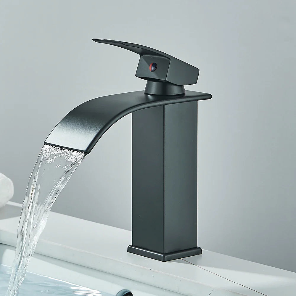 Matte Black Waterfall Basin Faucet - Single-Handle Mixer Tap for Bathroom Sink (Deck-Mounted, Hot & Cold)