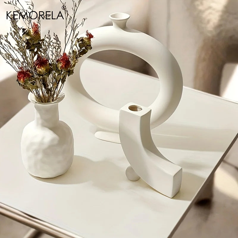 Nordic Ceramic Donut Vase – Hollow Circle Centerpiece Flower Pot for Home, Living Room & Office Desktop Decor Gift