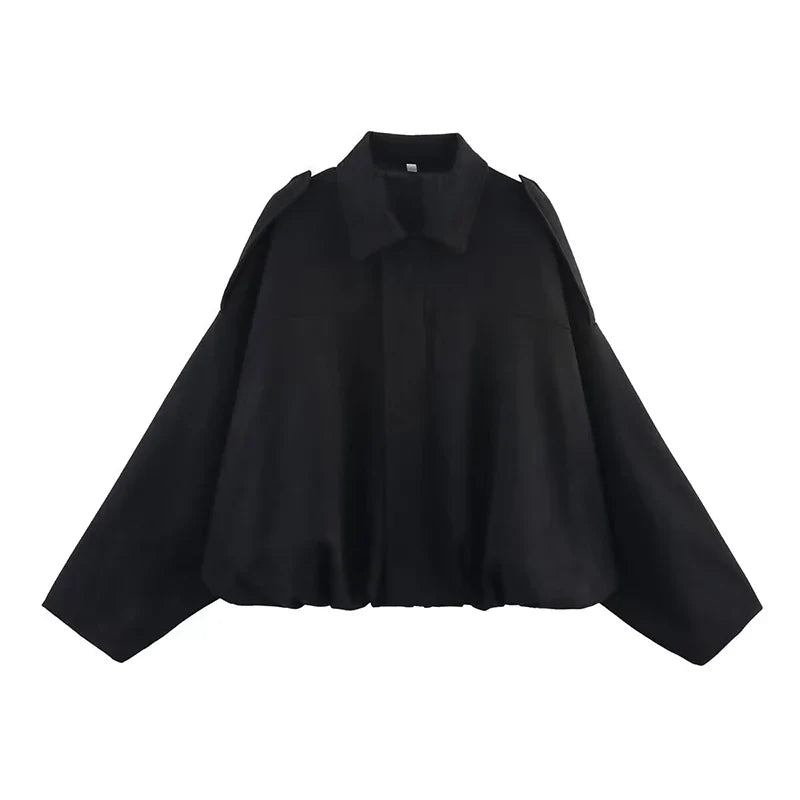 Women's Vintage Bomber Jacket Turn-Down Collar Long Sleeve Loose Fit Outerwear