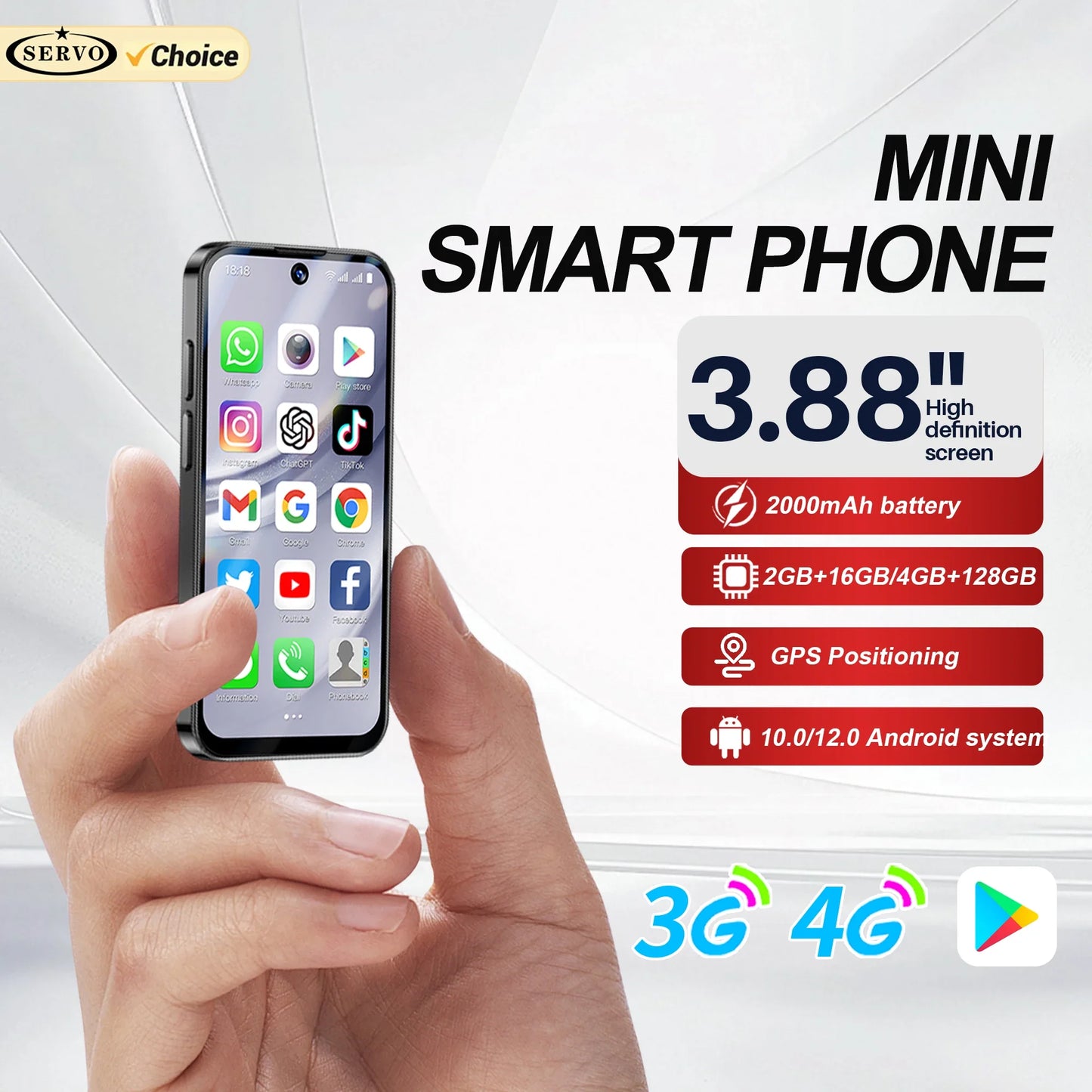 Mini Android Smartphone 3.88 in (9.86 cm) HD Display, 4G LTE Unlocked, 4GB/128GB or 2GB/16GB, 2000mAh Battery