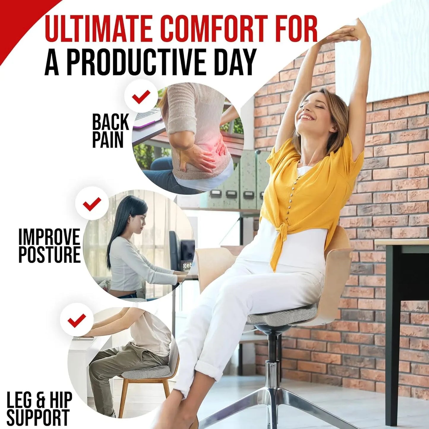 Ergonomic Memory Foam Seat Cushion for Office Chair – Hemorrhoid & Coccyx Support, Removable Washable Cover