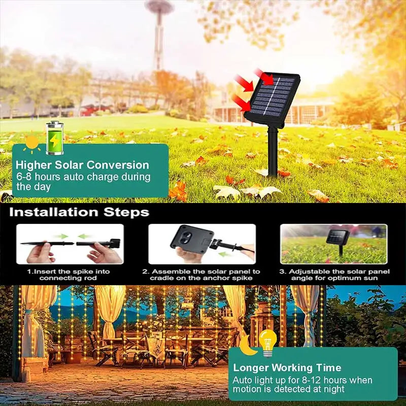 Solar-Powered Outdoor Waterproof Curtain String Lights - 300 LED Fairy Garland 9.8 x 9.8 ft (3 x 3 m) Warm White