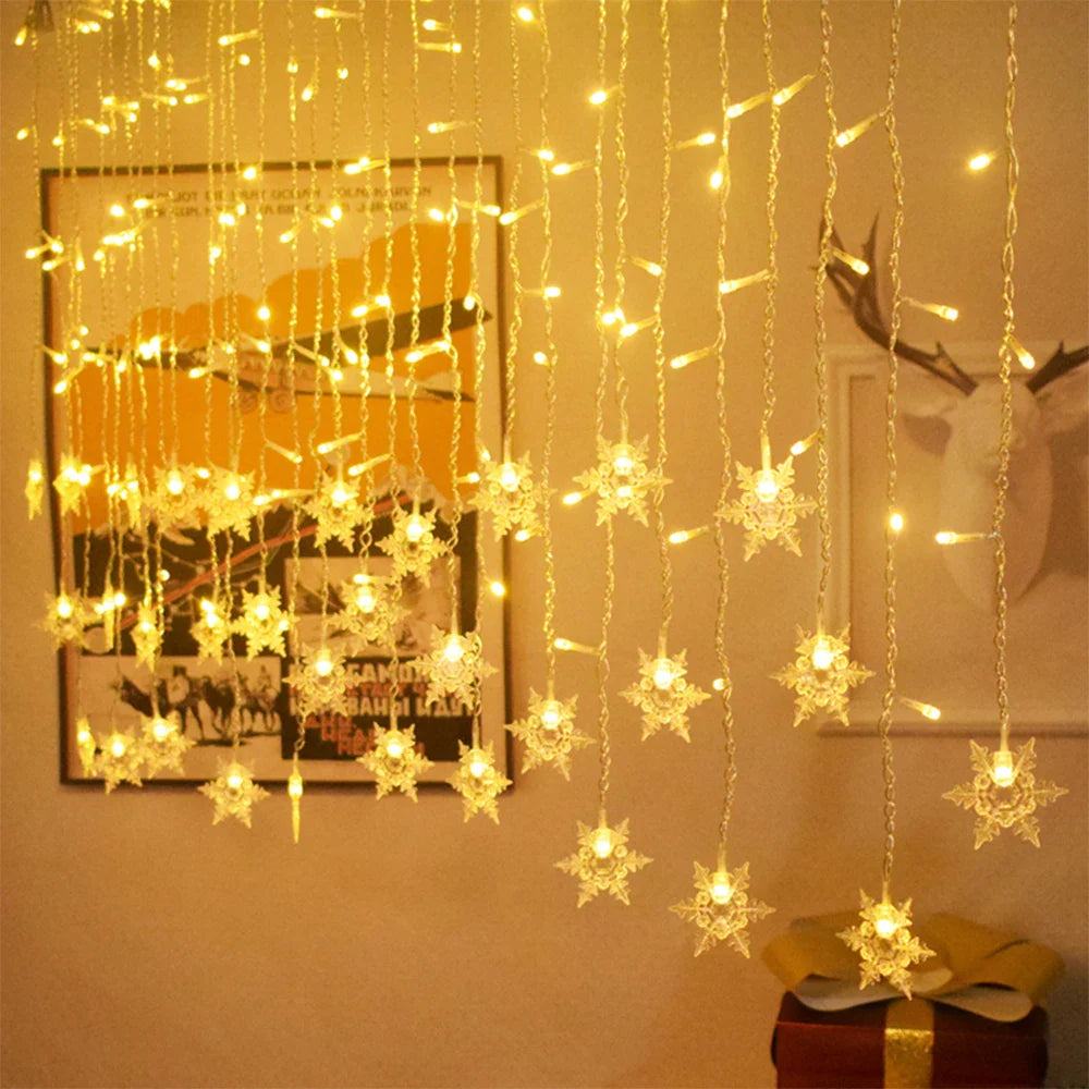 Snowflake LED Curtain String Lights 96-LED 3.5m (11.5ft) Fairy Christmas Lights 8 Modes IP44 Waterproof 50–70cm (20–28in) Drops EU/US Plug