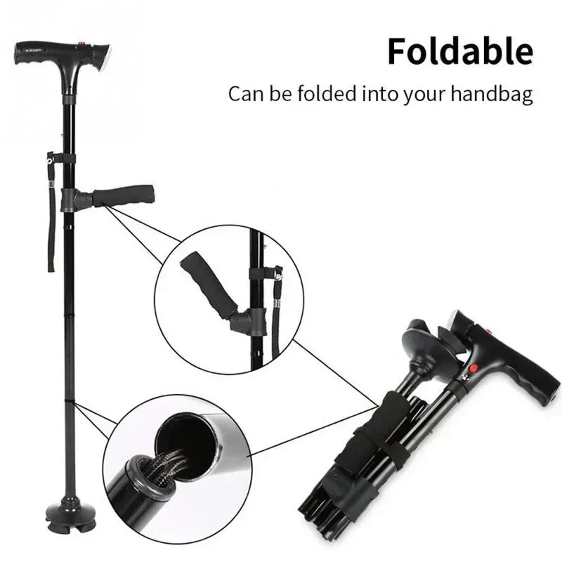 Collapsible Telescopic Walking Cane with LED Light & Alarm, Adjustable 4-Point Quad Base T-Handle for Seniors