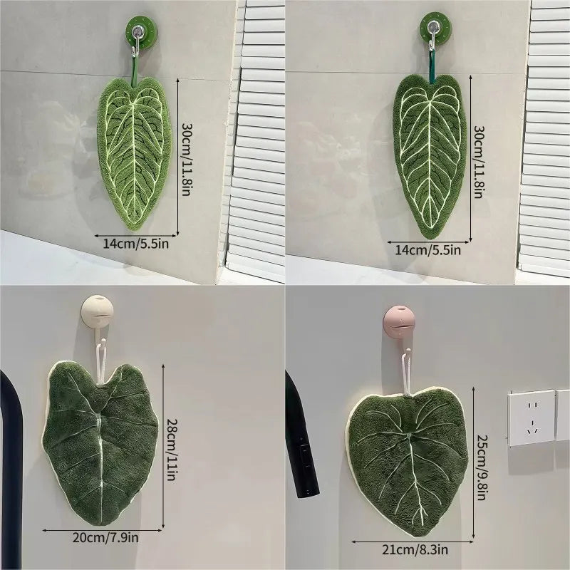 Leaf-Shaped Coral Fleece Hand Towel – Absorbent Hanging Kitchen & Bathroom Towel