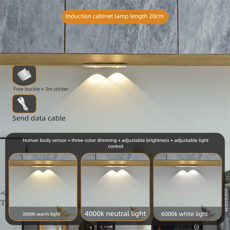 Ultra Thin Motion Sensor LED Cabinet Light - Dimmable USB Rechargeable, 3 Color Modes for Kitchen Wardrobe Bedroom Stairs