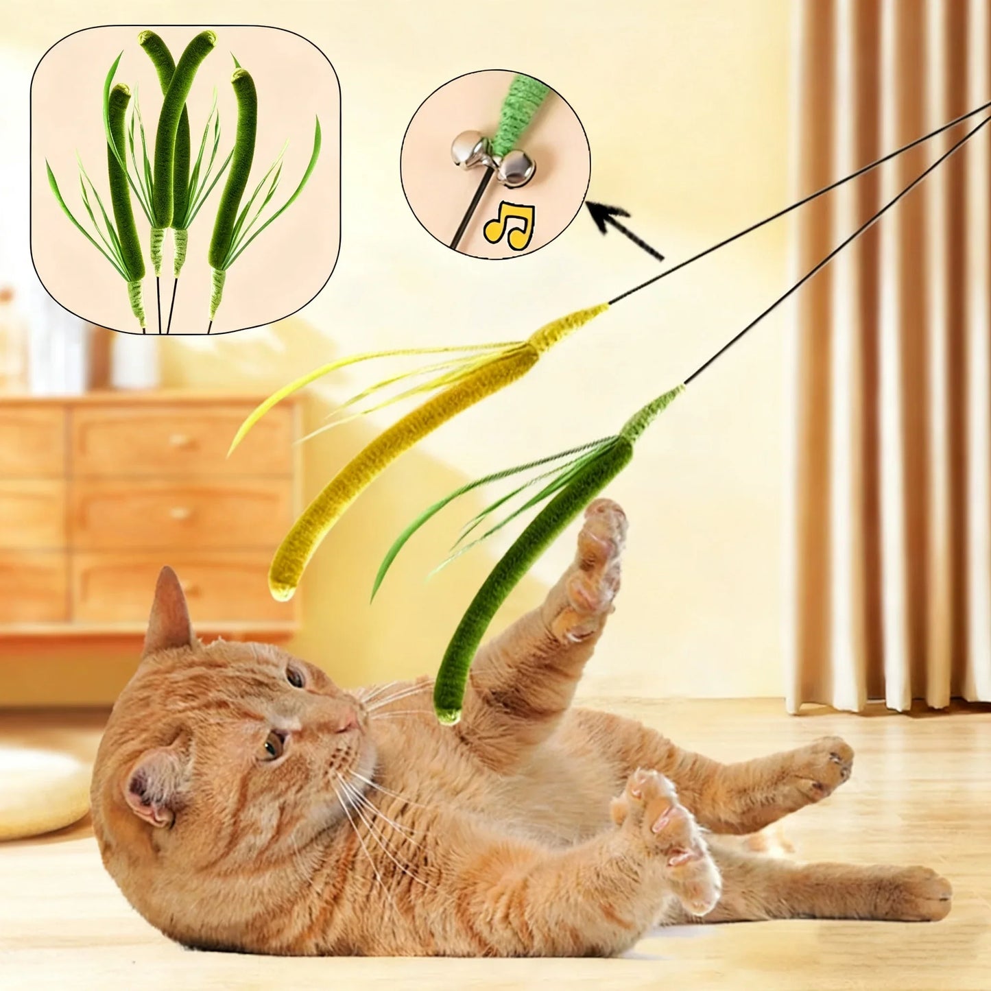 Interactive Feather Wand Cat Toy — 50 cm (19.7 in) Long Pole Teaser Stick with Bite-Resistant Feathers & Rattle Sound for Kittens