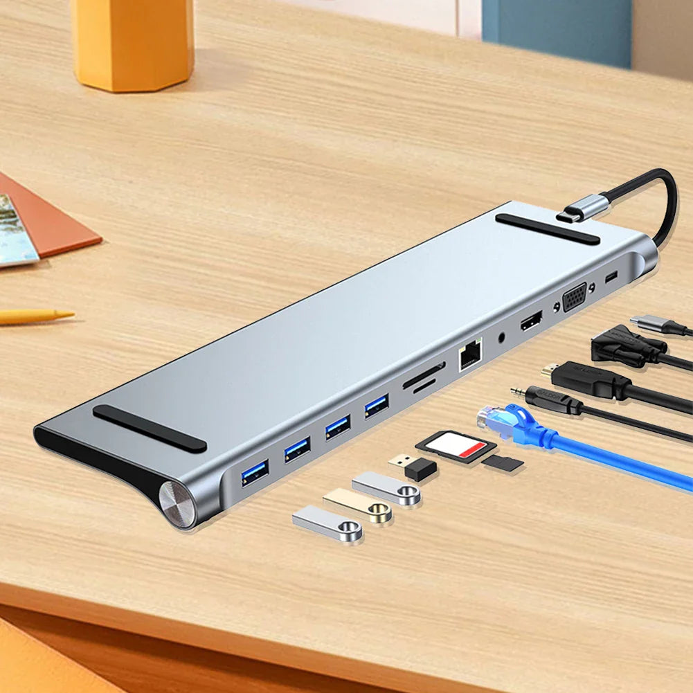 11-in-1 USB-C Docking Station Hub — 4K HDMI, VGA, 100W PD, 100Mbps Ethernet, SD/TF Card Slots, Audio, USB 3.0 + 3x USB 2.0