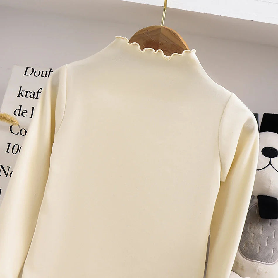 Girls Turtleneck Long Sleeve Lettuce-Edge Knit Tee – Solid Color Autumn Winter Top