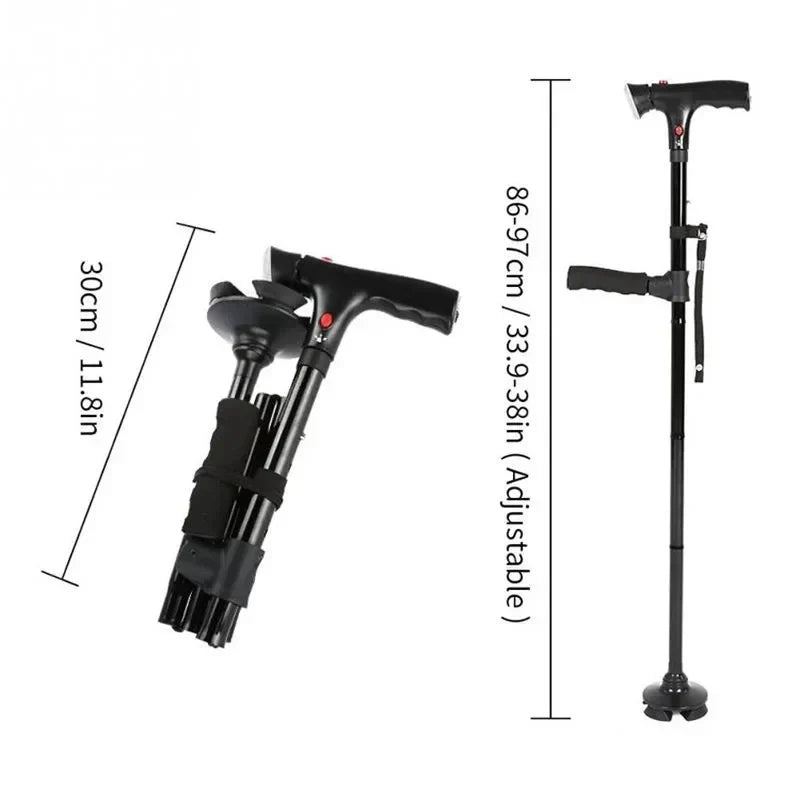 Collapsible Telescopic Walking Cane with LED Light & Alarm, Adjustable 4-Point Quad Base T-Handle for Seniors