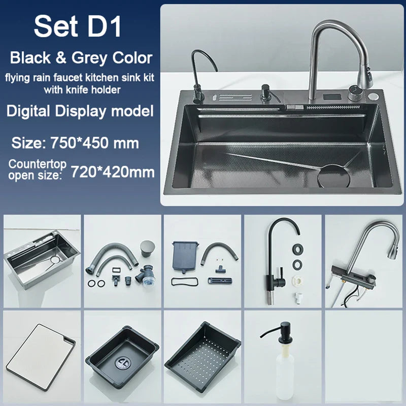 304 Stainless Steel Kitchen Sink with Digital Display Waterfall Faucet - Multifunctional Single Bowl 75 x 45 cm (29.5 x 17.7 in)