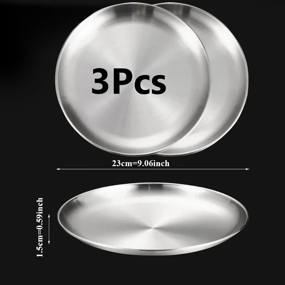 3-Piece Stainless Steel Round Shallow Plates Set – Rust-Resistant Camping, BBQ & Picnic Dishes (14–30 cm / 5.5–11.8 in)