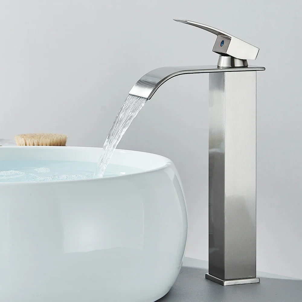 Matte Black Waterfall Basin Faucet - Single-Handle Mixer Tap for Bathroom Sink (Deck-Mounted, Hot & Cold)