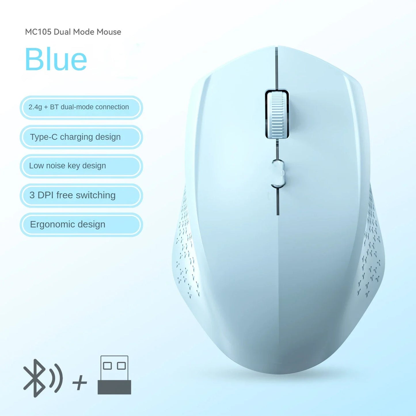 Bluetooth 5.2 + 2.4G Dual-Mode Wireless Mouse Rechargeable Silent 1600 DPI for Laptop Windows Mac Android