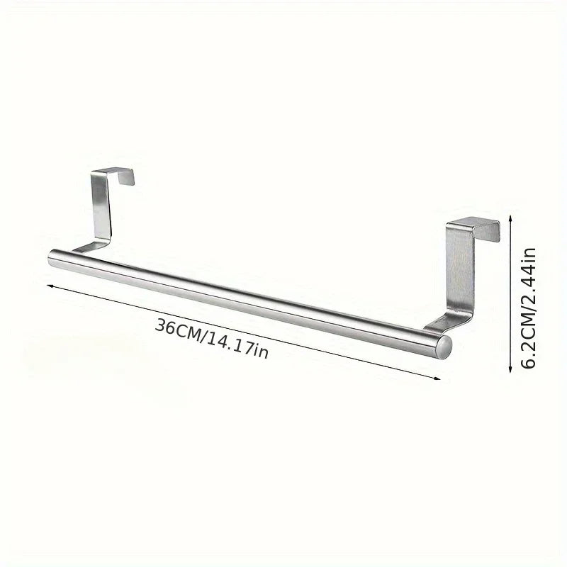 Stainless Steel Over-Door Towel Rack — Non-Drilling Hanging Towel Bar for Bathroom & Kitchen, Single Bar, 9.3/14.4 in (23.5/36.5 cm)