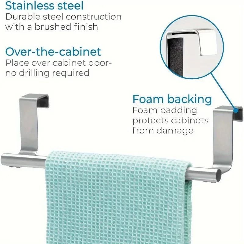 Stainless Steel Over-Door Towel Rack — Non-Drilling Hanging Towel Bar for Bathroom & Kitchen, Single Bar, 9.3/14.4 in (23.5/36.5 cm)