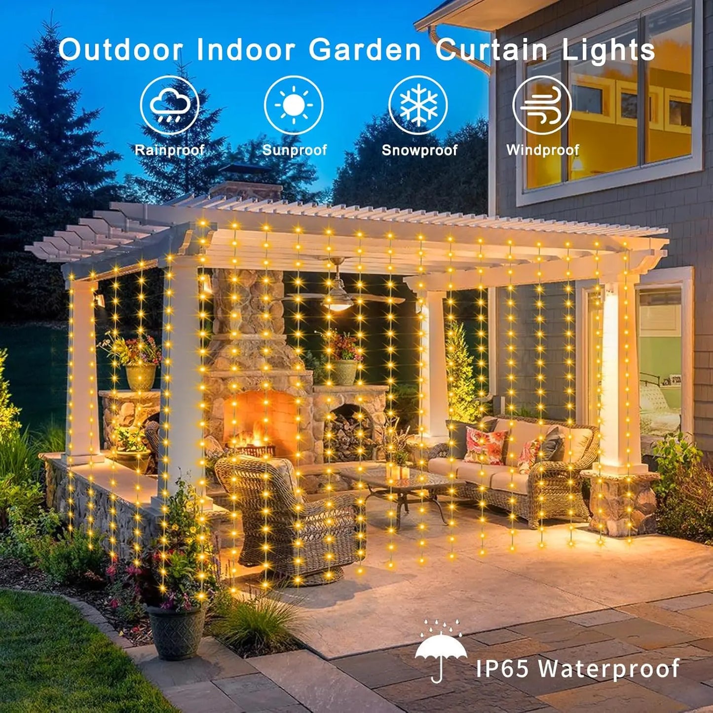 Solar-Powered Outdoor Waterproof Curtain String Lights - 300 LED Fairy Garland 9.8 x 9.8 ft (3 x 3 m) Warm White