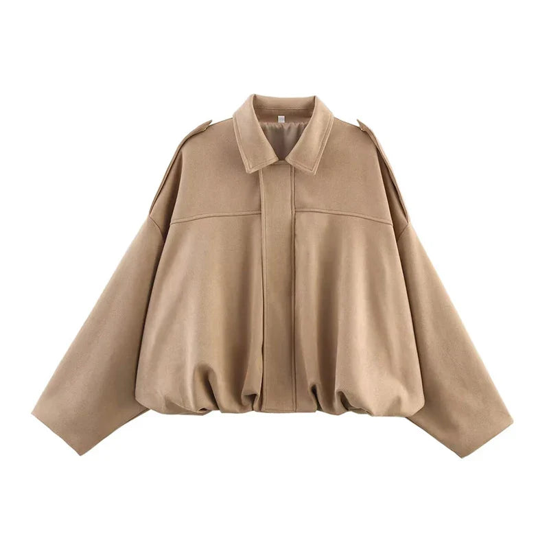 Women's Vintage Bomber Jacket Turn-Down Collar Long Sleeve Loose Fit Outerwear