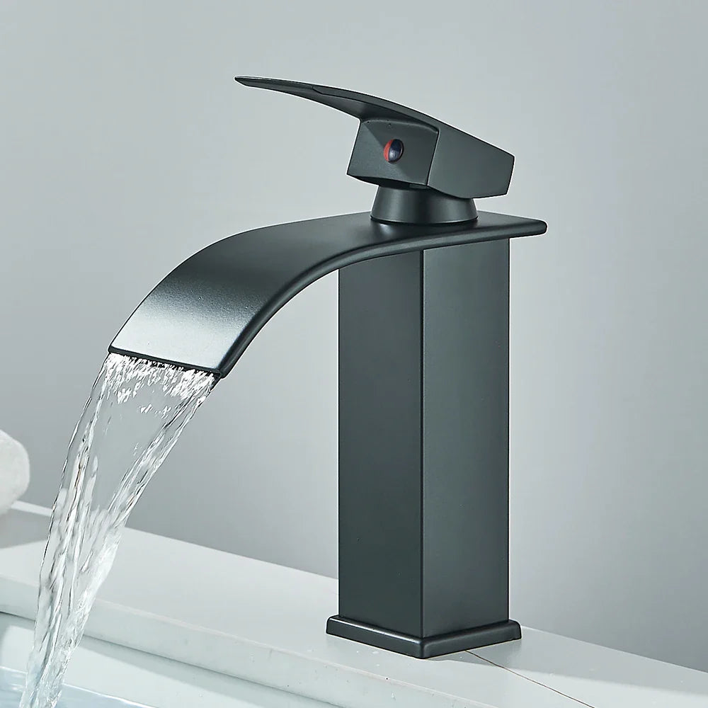 Matte Black Waterfall Basin Faucet - Single-Handle Mixer Tap for Bathroom Sink (Deck-Mounted, Hot & Cold)