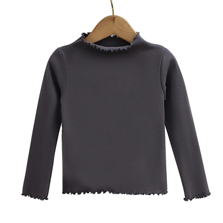 Girls Turtleneck Long Sleeve Lettuce-Edge Knit Tee – Solid Color Autumn Winter Top