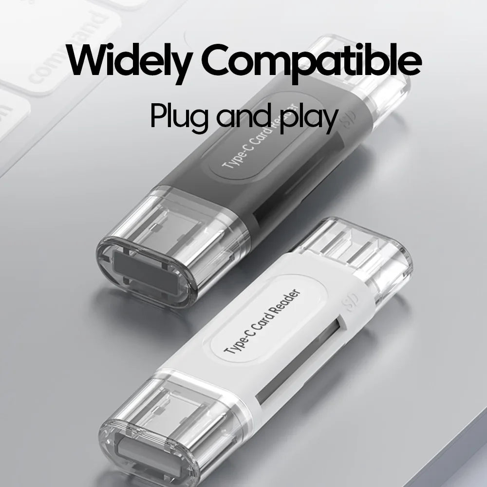 4-in-1 USB Type-C Card Reader - SD/TF (microSD) & Memory Stick, USB 2.0 External Adapter (Black)