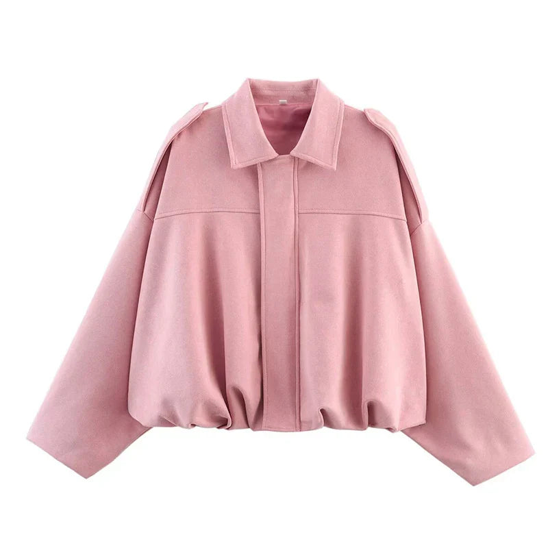 Women's Vintage Bomber Jacket Turn-Down Collar Long Sleeve Loose Fit Outerwear