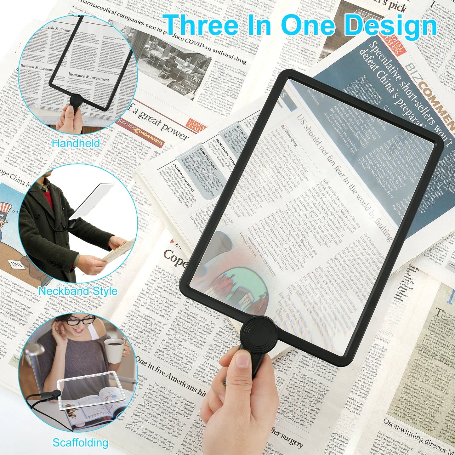 5X Hands-Free Neck Magnifier with Dimmable LED Light — 9.4 × 6.5 in (240 × 170 mm) Rechargeable 3‑in‑1 Reading Magnifying Glass