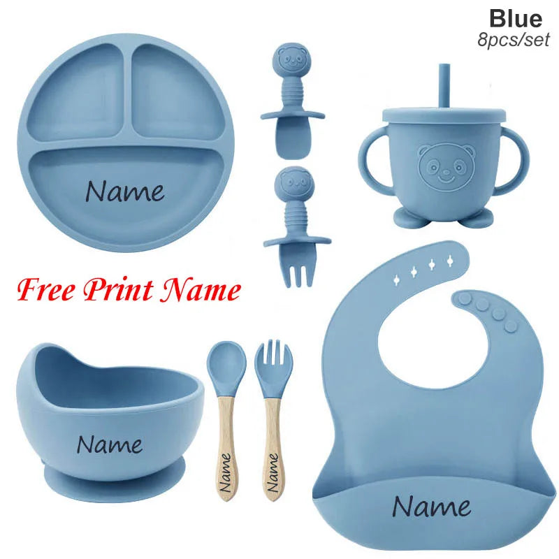 Personalized 8-Piece Baby Feeding Set Silicone Suction Plate Bowl Straw Cup Utensils Custom Name Baby Gift