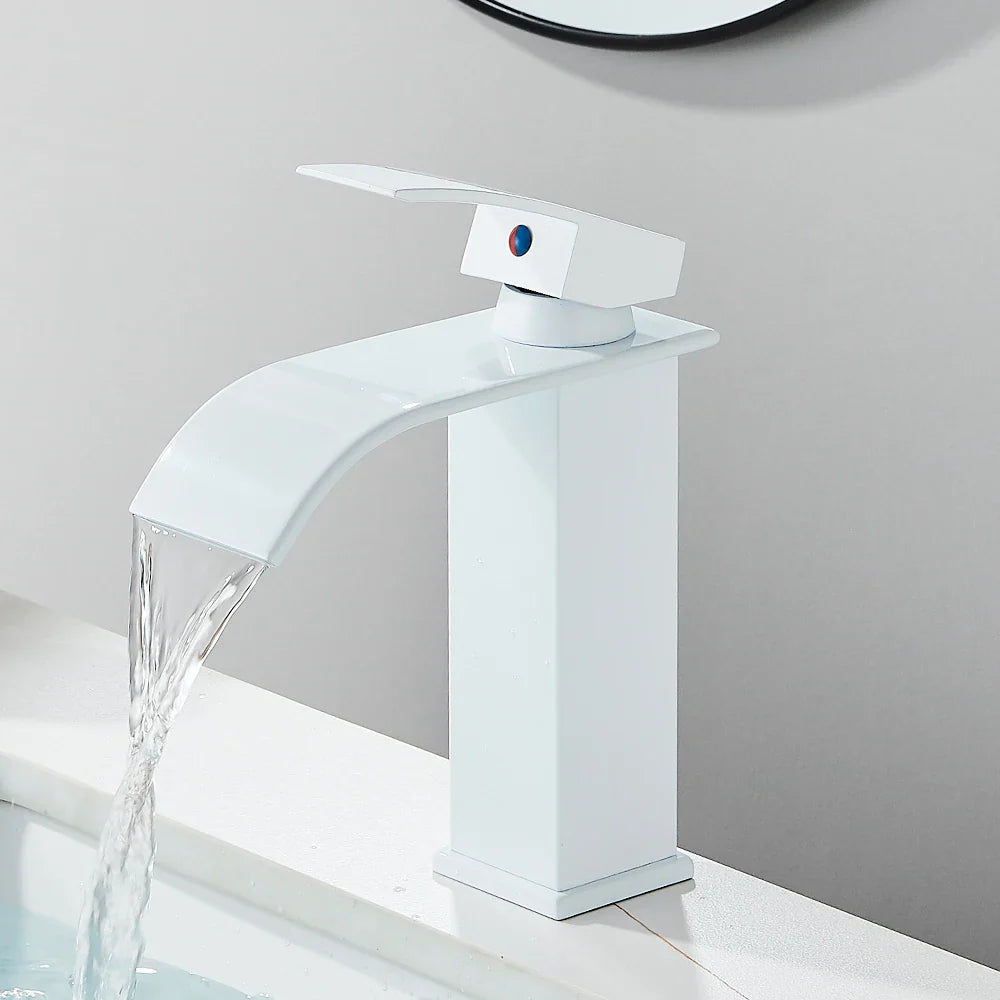 Matte Black Waterfall Basin Faucet - Single-Handle Mixer Tap for Bathroom Sink (Deck-Mounted, Hot & Cold)