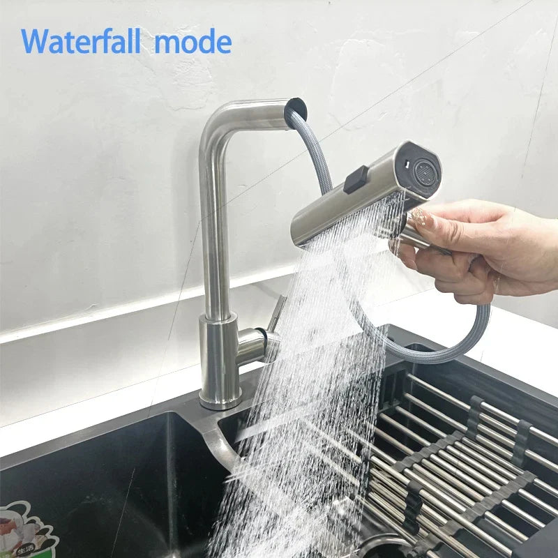 Grey/Silver Pull-Out Kitchen Faucet - Stainless Steel Deck-Mount Mixer with Retractable Spout, Single-Handle Hot & Cold, Stream/Shower Spray