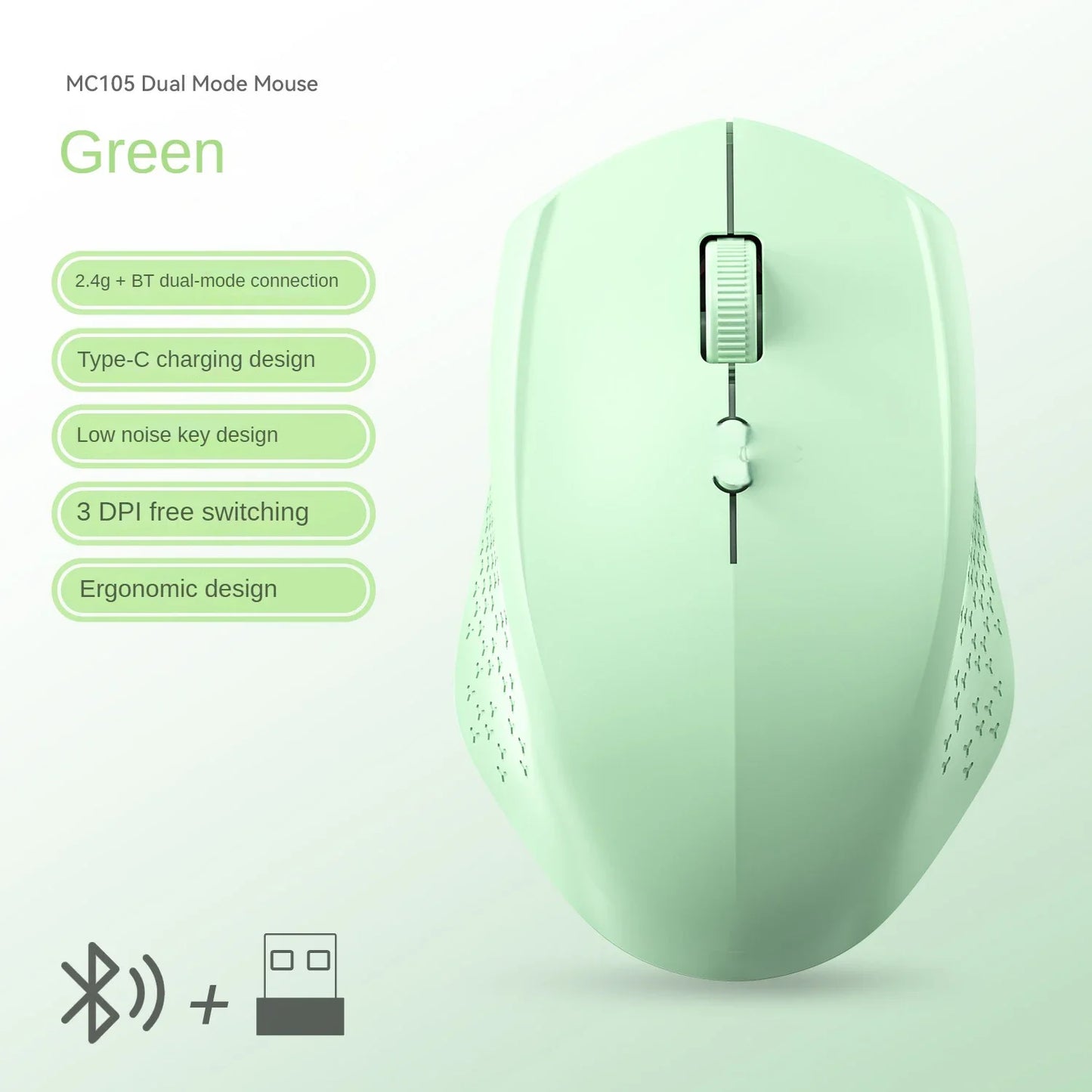 Bluetooth 5.2 + 2.4G Dual-Mode Wireless Mouse Rechargeable Silent 1600 DPI for Laptop Windows Mac Android