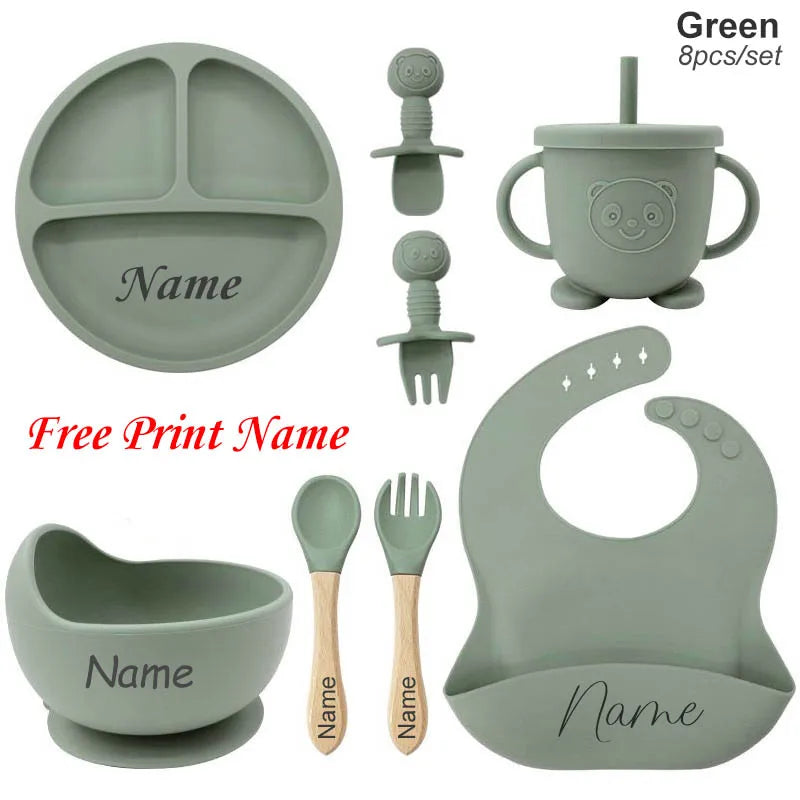 Personalized 8-Piece Baby Feeding Set Silicone Suction Plate Bowl Straw Cup Utensils Custom Name Baby Gift