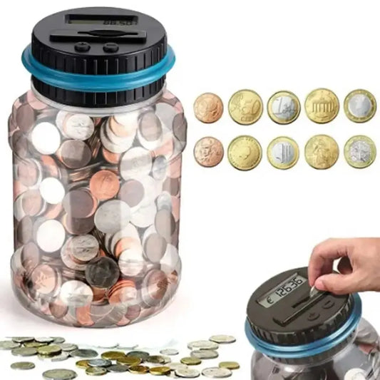 1.8L (61 fl oz) Transparent Coin Bank with Smart Coin Counter – Large Capacity Money Jar for USD EUR GBP