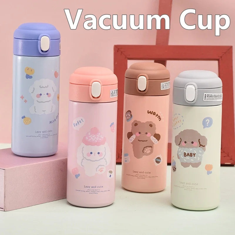 380ml Cute Cartoon Vacuum Flask - 304 Stainless Steel Insulated Water Bottle with Straw
