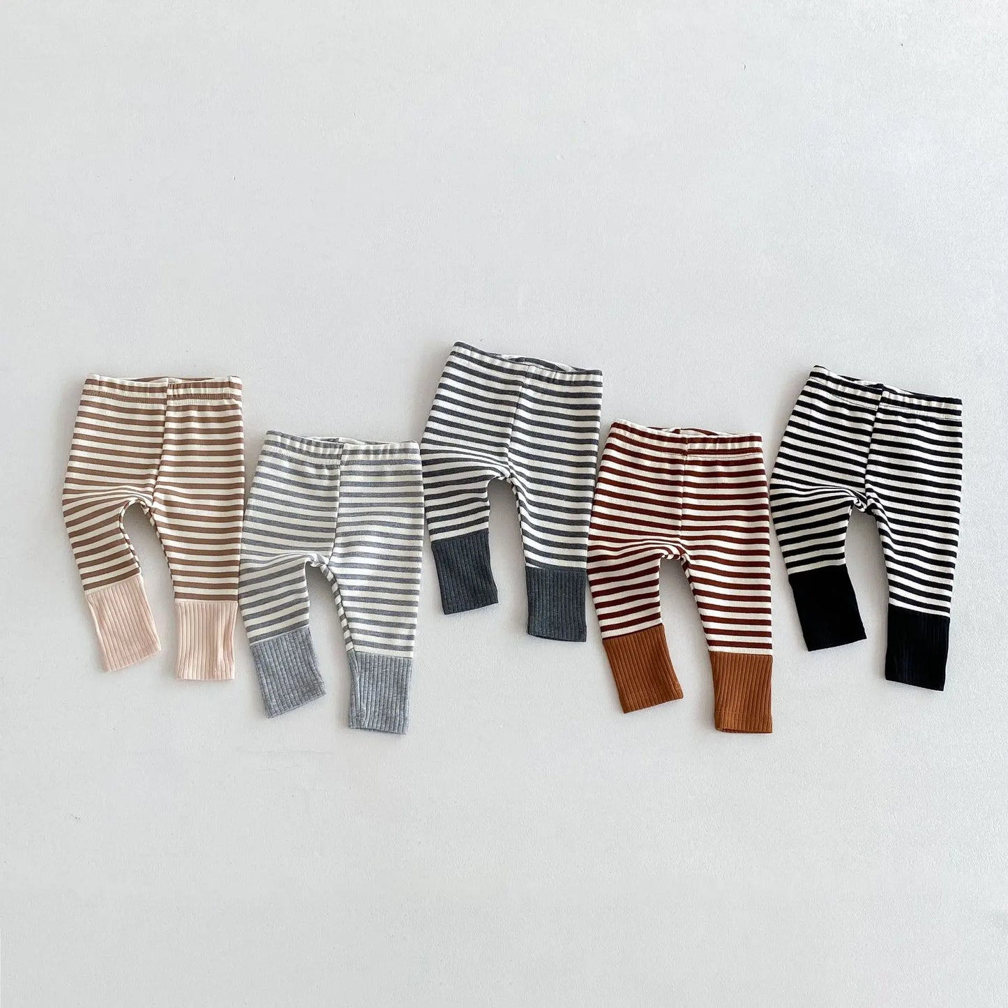 Cotton Patchwork Baby Leggings – Candy Color Striped Pants for Infants 12–36 Months, Unisex Elastic Waist