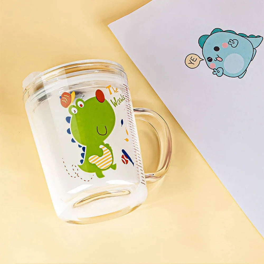 350ml Unicorn Kids Glass Cup with Lid and Straw, Transparent Milk and Breakfast Cup with Measuring Scale