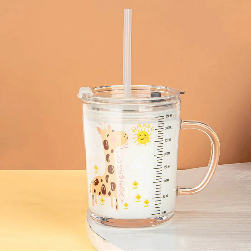 350ml Unicorn Kids Glass Cup with Lid and Straw, Transparent Milk and Breakfast Cup with Measuring Scale