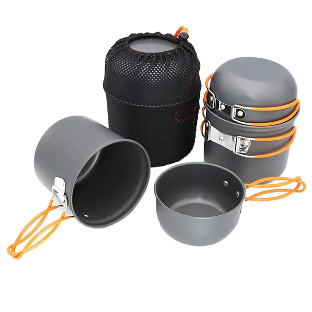 Portable 1-2 Person Aluminum Camping Cookware Set – Foldable Pot, Lid & Utensils
