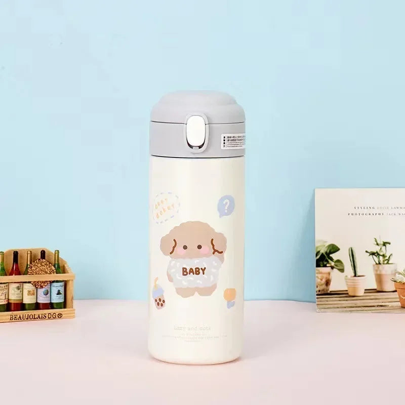 380ml Cute Cartoon Vacuum Flask - 304 Stainless Steel Insulated Water Bottle with Straw