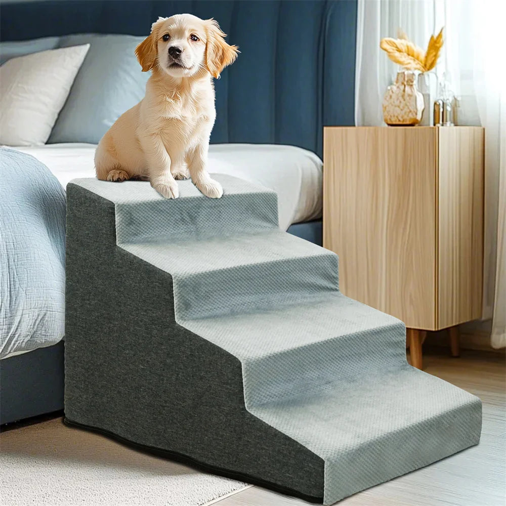 Pet Stairs Ramp 3 & 4-Step — High-Density Foam Dog & Cat Ramp, Removable Washable Cover, Non-Slip Sofa Stairs