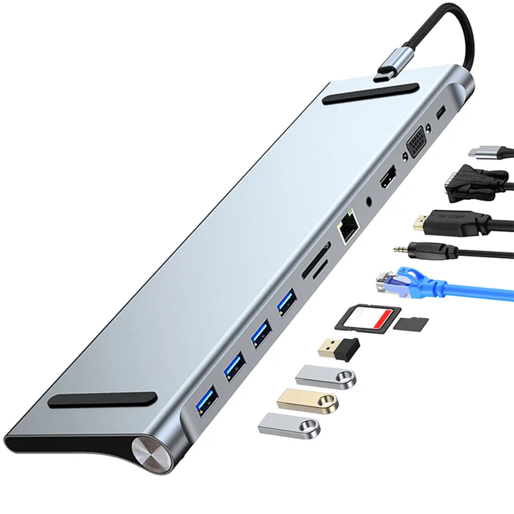 11-in-1 USB-C Docking Station Hub — 4K HDMI, VGA, 100W PD, 100Mbps Ethernet, SD/TF Card Slots, Audio, USB 3.0 + 3x USB 2.0