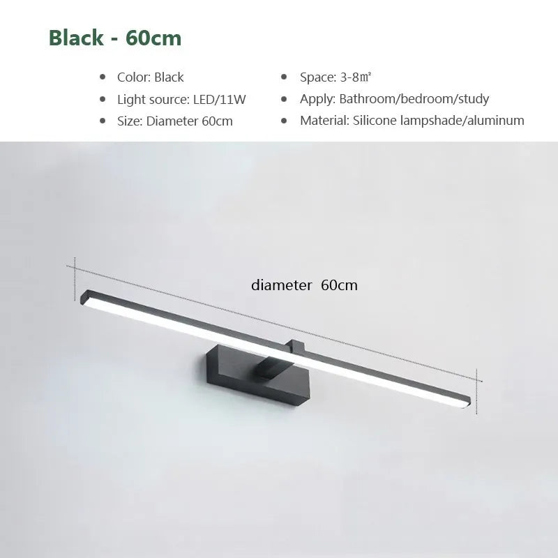LED Bathroom Mirror Wall Light - Waterproof Modern Flat Touch Vanity Lamp, White/Black