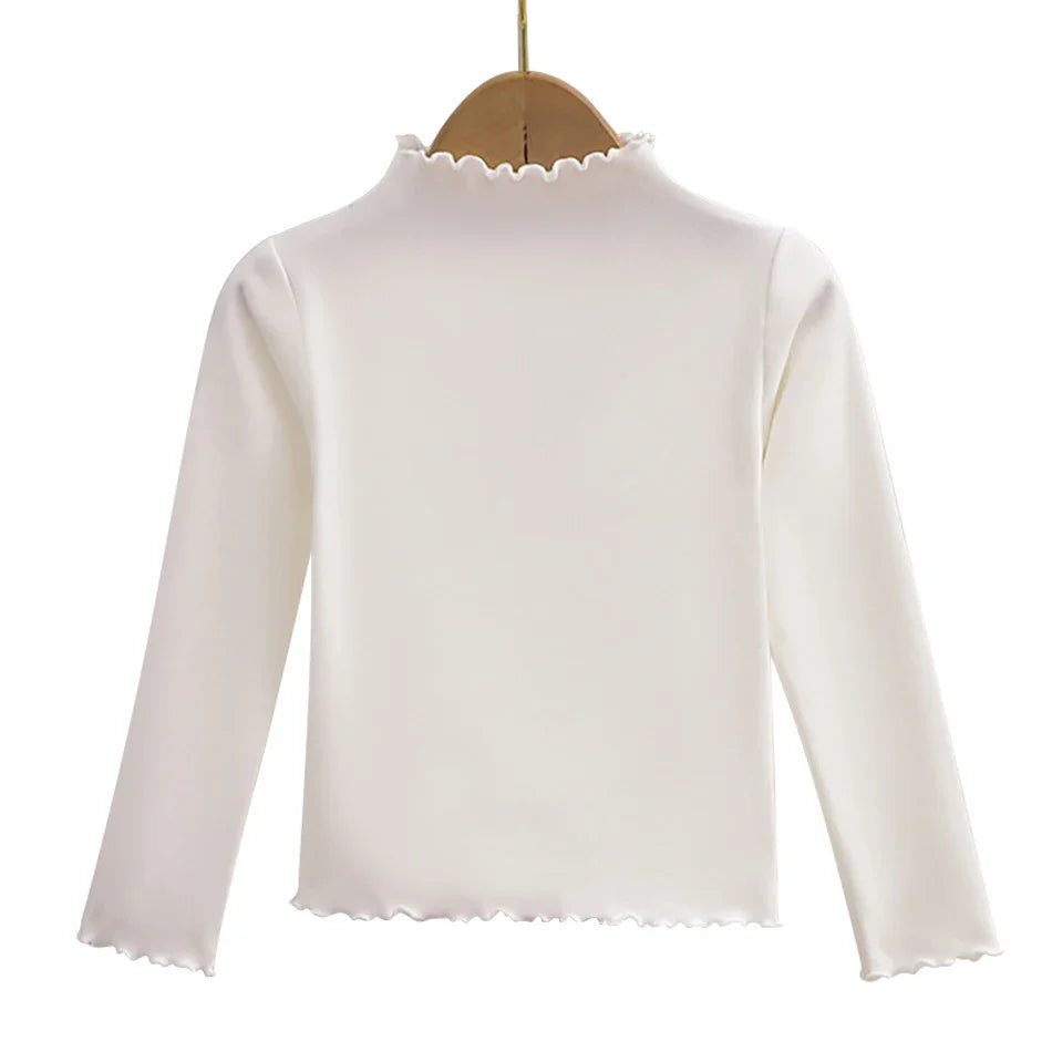 Girls Turtleneck Long Sleeve Lettuce-Edge Knit Tee – Solid Color Autumn Winter Top