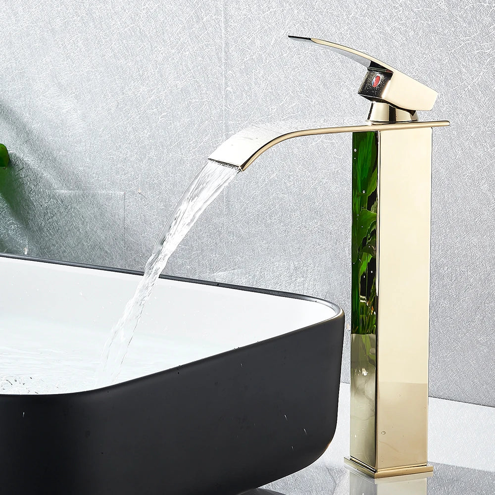 Matte Black Waterfall Basin Faucet - Single-Handle Mixer Tap for Bathroom Sink (Deck-Mounted, Hot & Cold)