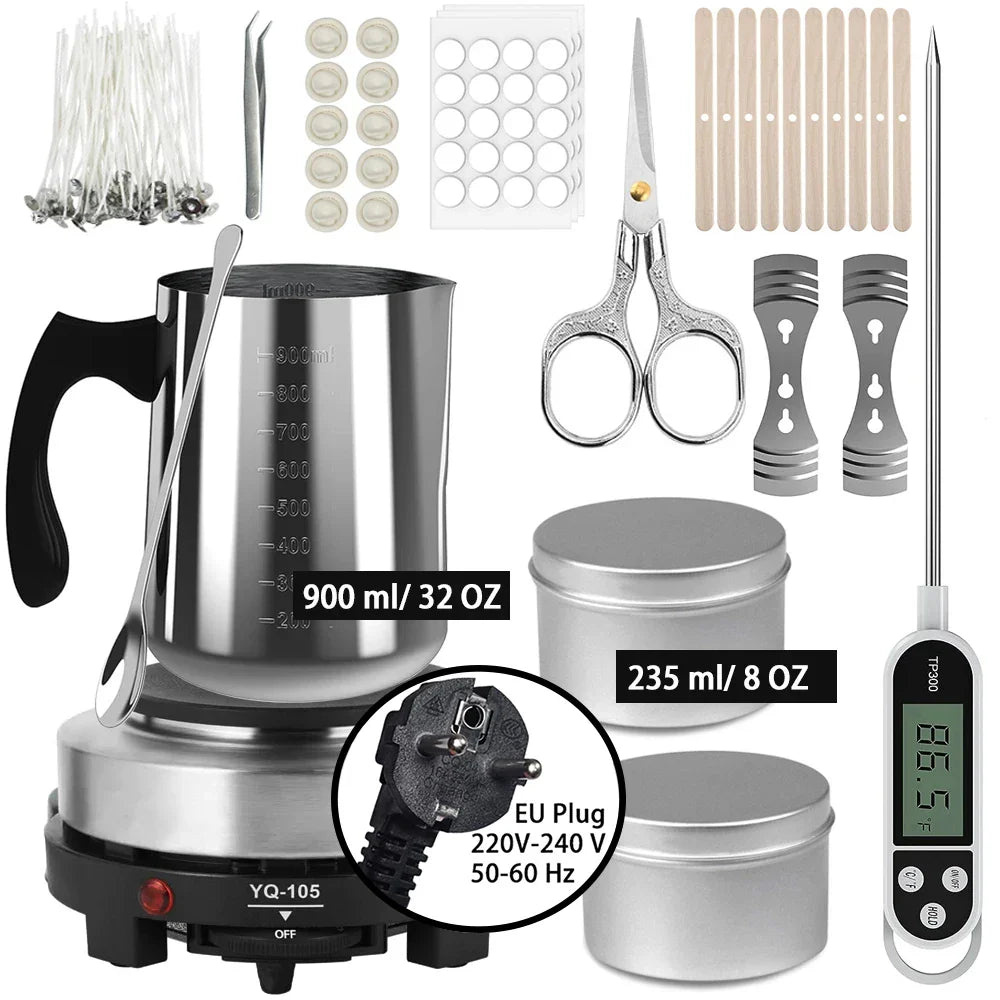 DIY Candle Making Kit with 500W Electric Hot Plate, 900ml/600ml Stainless Steel Melting Pot, Thermometer & Candle Tins