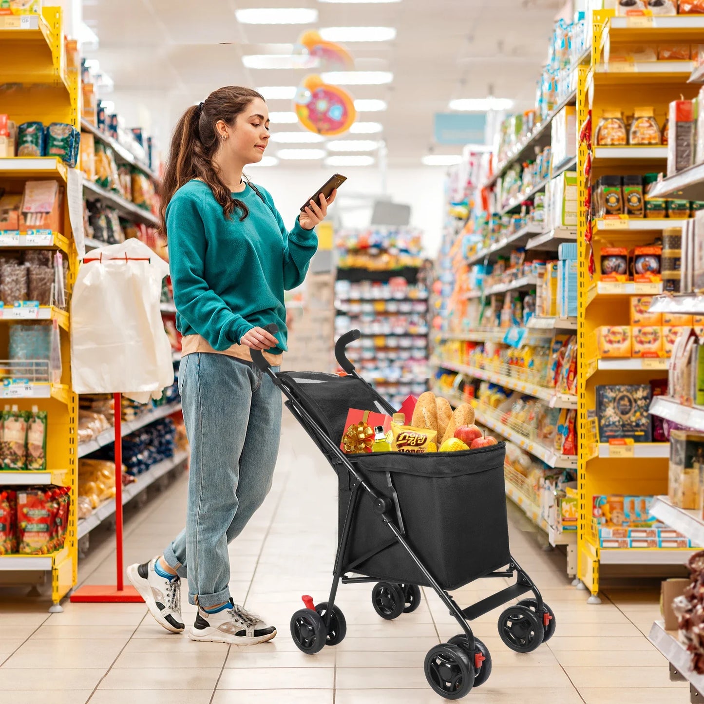 Folding Multi-Use Shopping Cart & Pet Stroller – Lightweight Portable Foldable Trolley for Market and Picnic