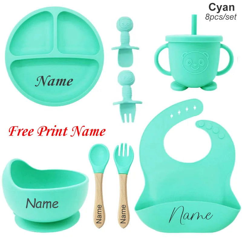 Personalized 8-Piece Baby Feeding Set Silicone Suction Plate Bowl Straw Cup Utensils Custom Name Baby Gift